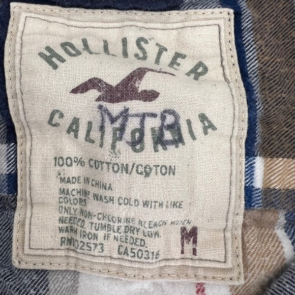 Hollister California Plaid Flannel Shirt‎ Long Sleeve Mens Size M Blue Tan White - Picture 3 of 7